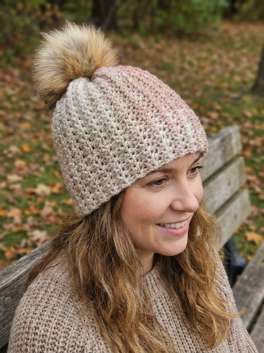 Cozy Pretty Brown Flower Stitch with pompom