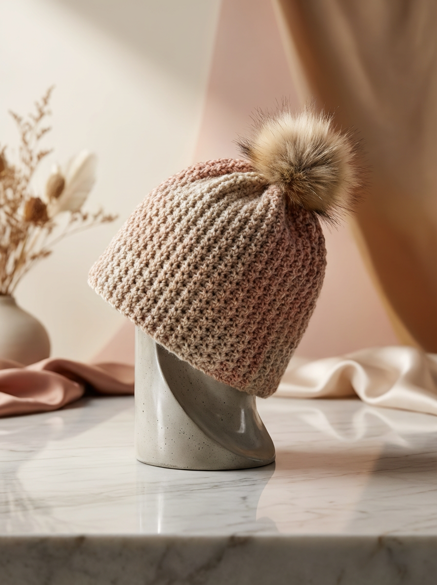 Cozy Pretty Brown Flower Stitch with pompom