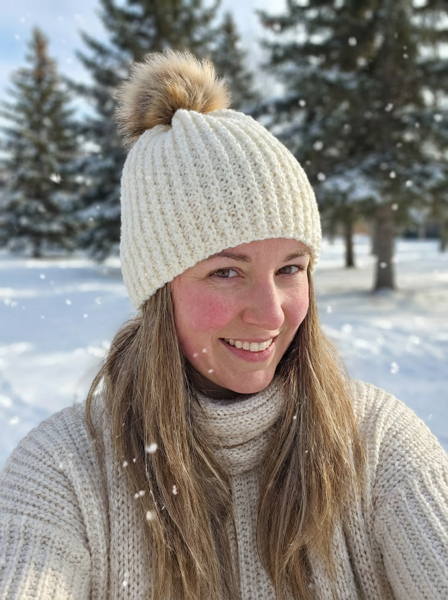 Cozy Cream Flower Stitch with pompom